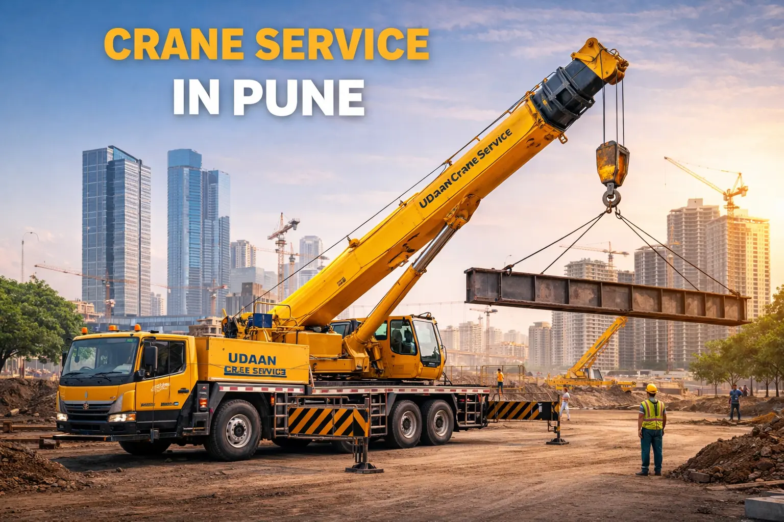 Hydra and tower crane on hire at a construction site in Pune